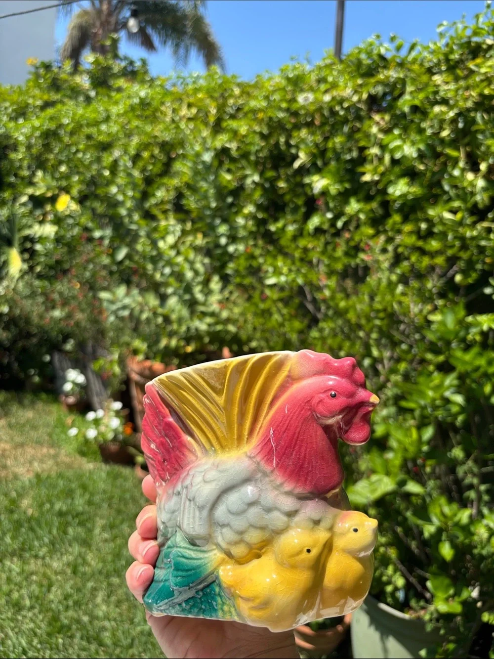 Vintage Hand-Painted Rooster Ceramic Vase in Red, Yellow & Green